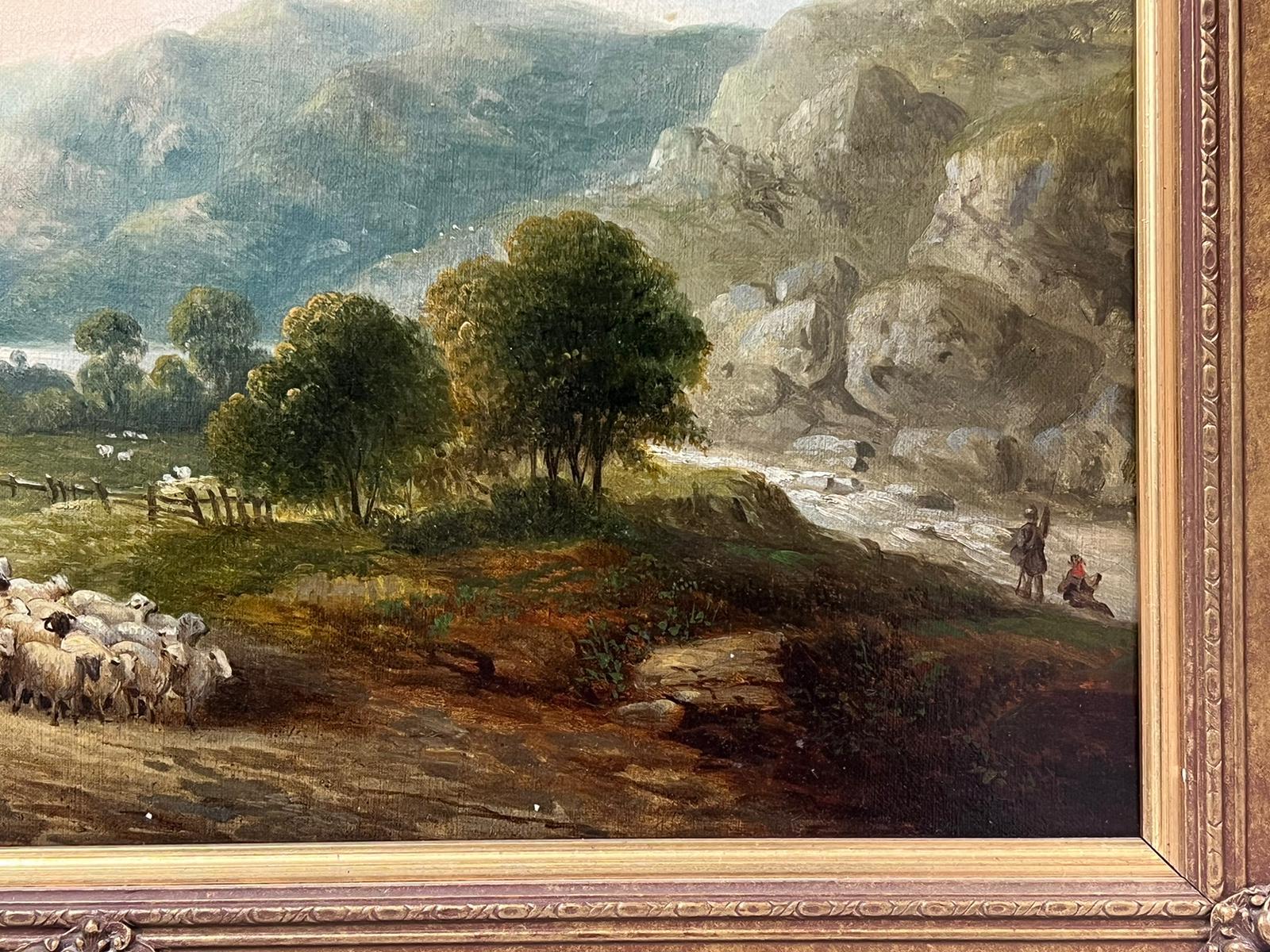 19th Century Irish Oil Painting Shepherd & Sheep in Mountain River Landscape For Sale 3