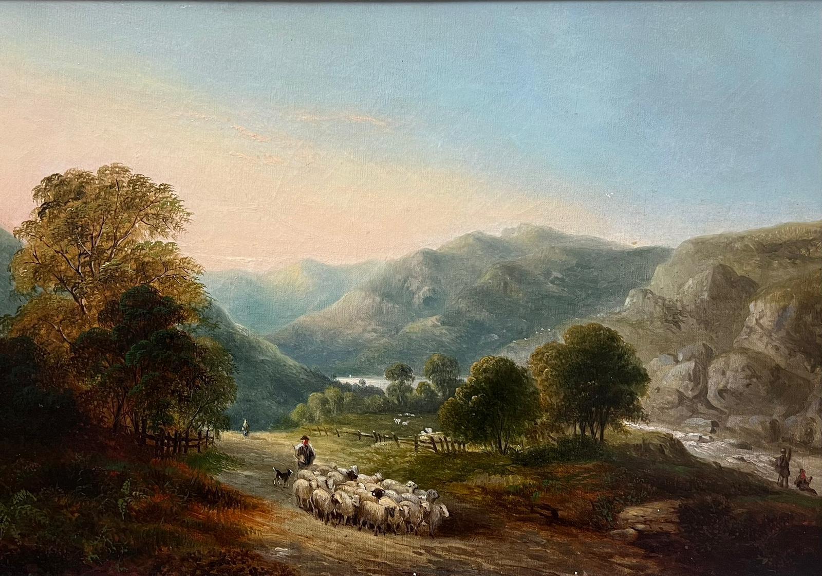 Peinture à l'huile irlandaise du 19e siècle Berger et moutons dans un paysage de montagne et de rivière