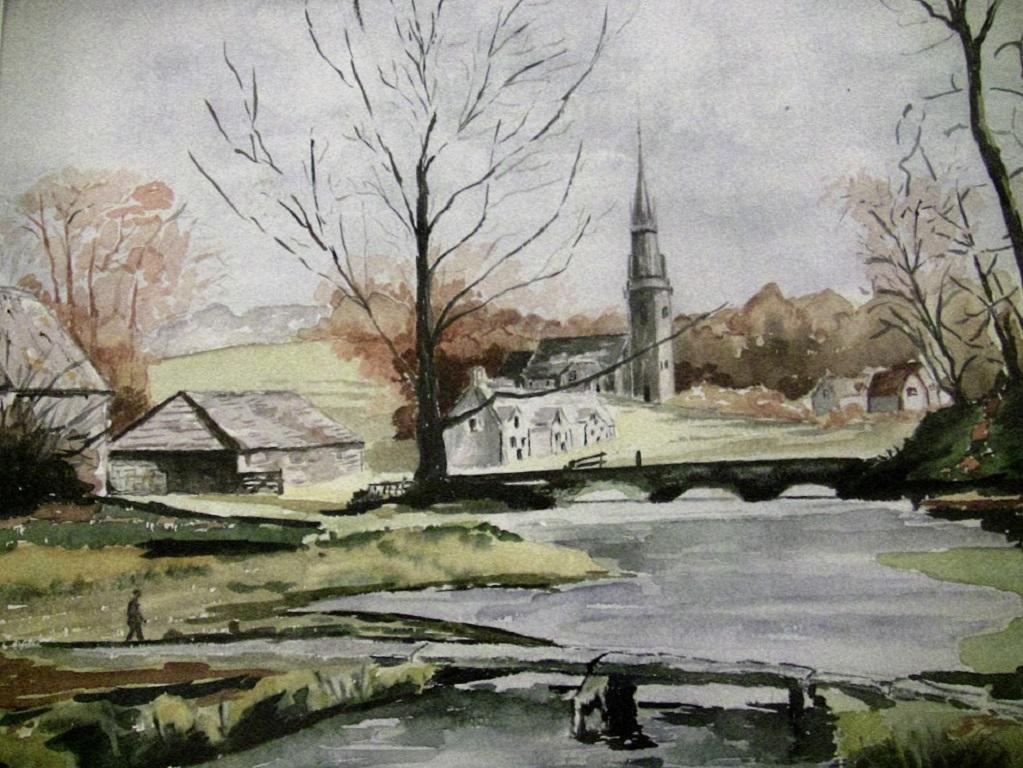 Gorgeous 20th century landscape original watercolor by Irish watercolorist, M. MacLoughlin.

Country village scene with church spire, stream and bridges.

Nice size….. framed under glass.

Provenance: Bought Privately in Ireland.

IRISH ART: