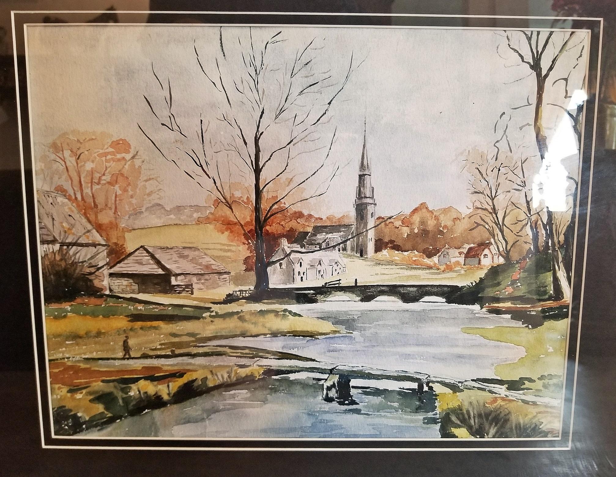 Irish Watercolor by M Macloughlin of Country Village with Church Spire In Good Condition In Dallas, TX