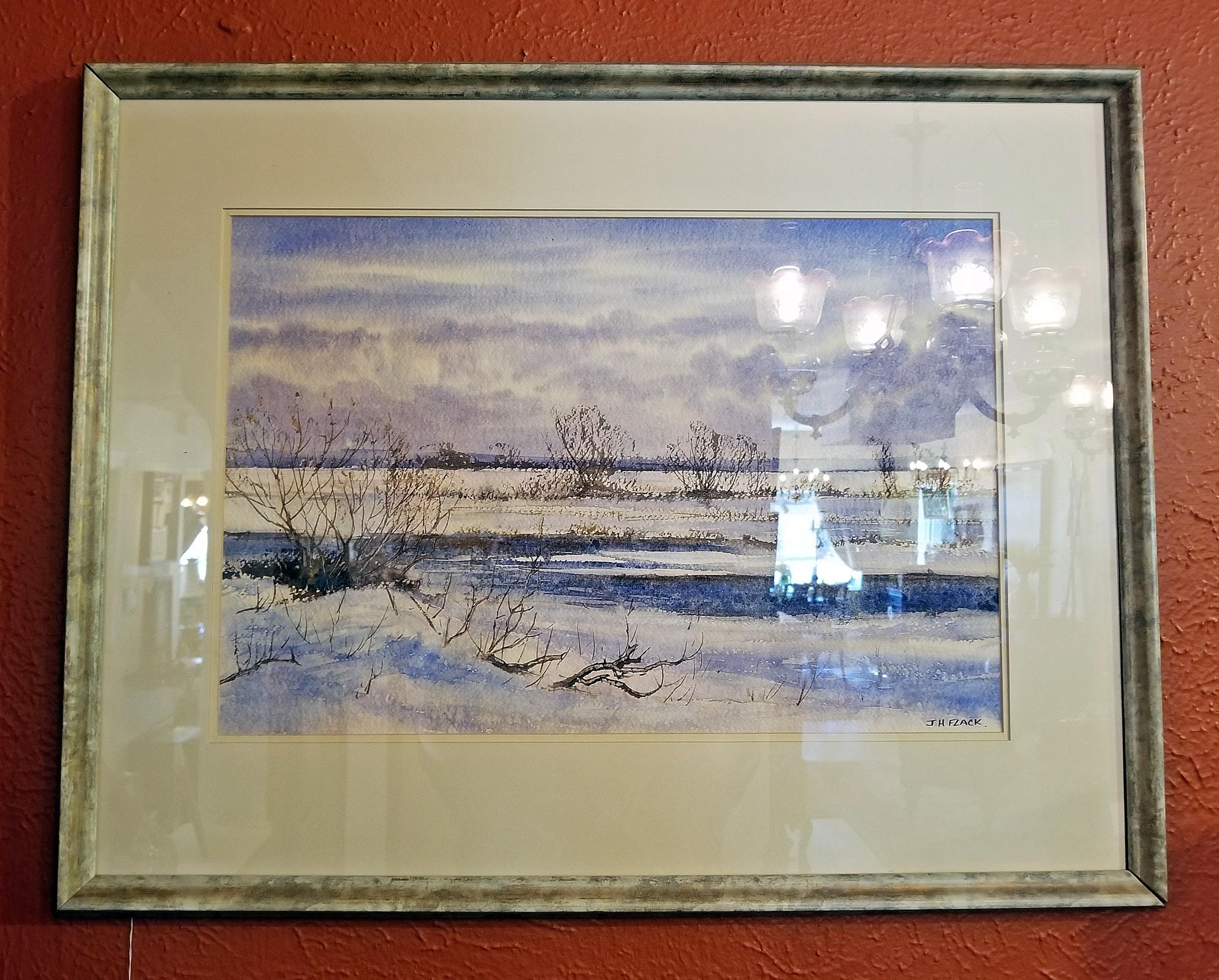 PRESENTING a FABULOUS piece of original Irish Art, namely, an original Irish Watercolor by Rev JH Flack of Winter on ‘The Bog of Allen’

Painting by popular and well known, exhibited, watercolorist and Irish Artist – The Late Rev. J.H. Flack of