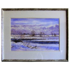 Used Irish Watercolor by Rev JH Flack of Winter on 'The Bog of Allen'