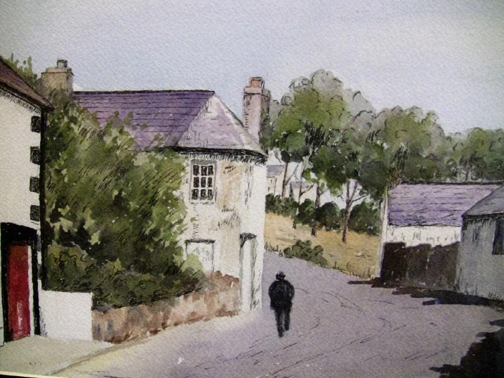 Hand-Painted Irish Watercolor of Village Scene by M MacLoughlin For Sale