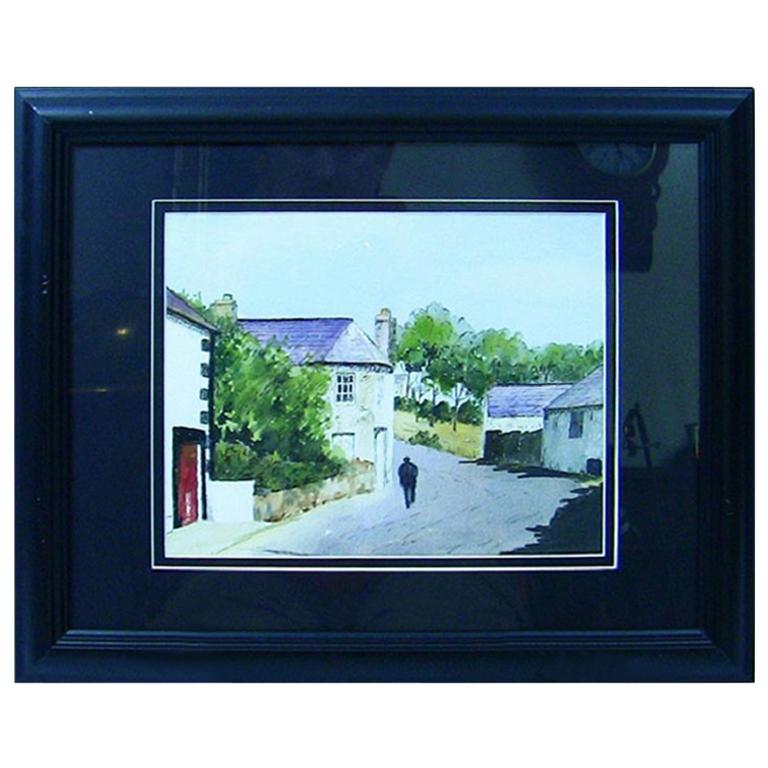 Acquerello irlandese con scena di villaggio di M. MacLoughlin