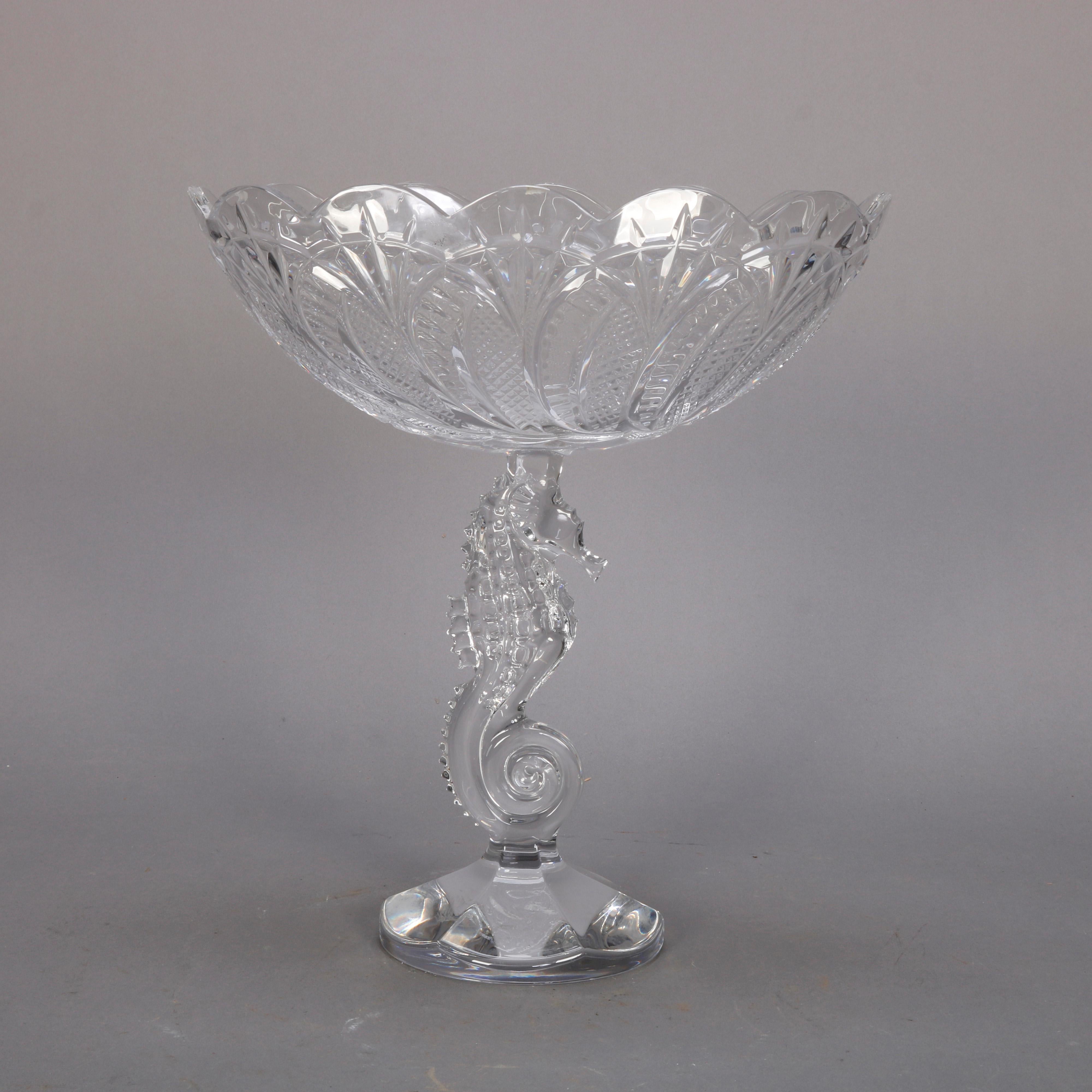 An Irish Waterford cut crystal figural compote offers cabbage leaf oval bowl surmounting seahorse column raised on faceted base, signed on base as photographed, 20th century

DELIVERY NOTICE – Due to COVID-19 we are employing NO-CONTACT PRACTICES in