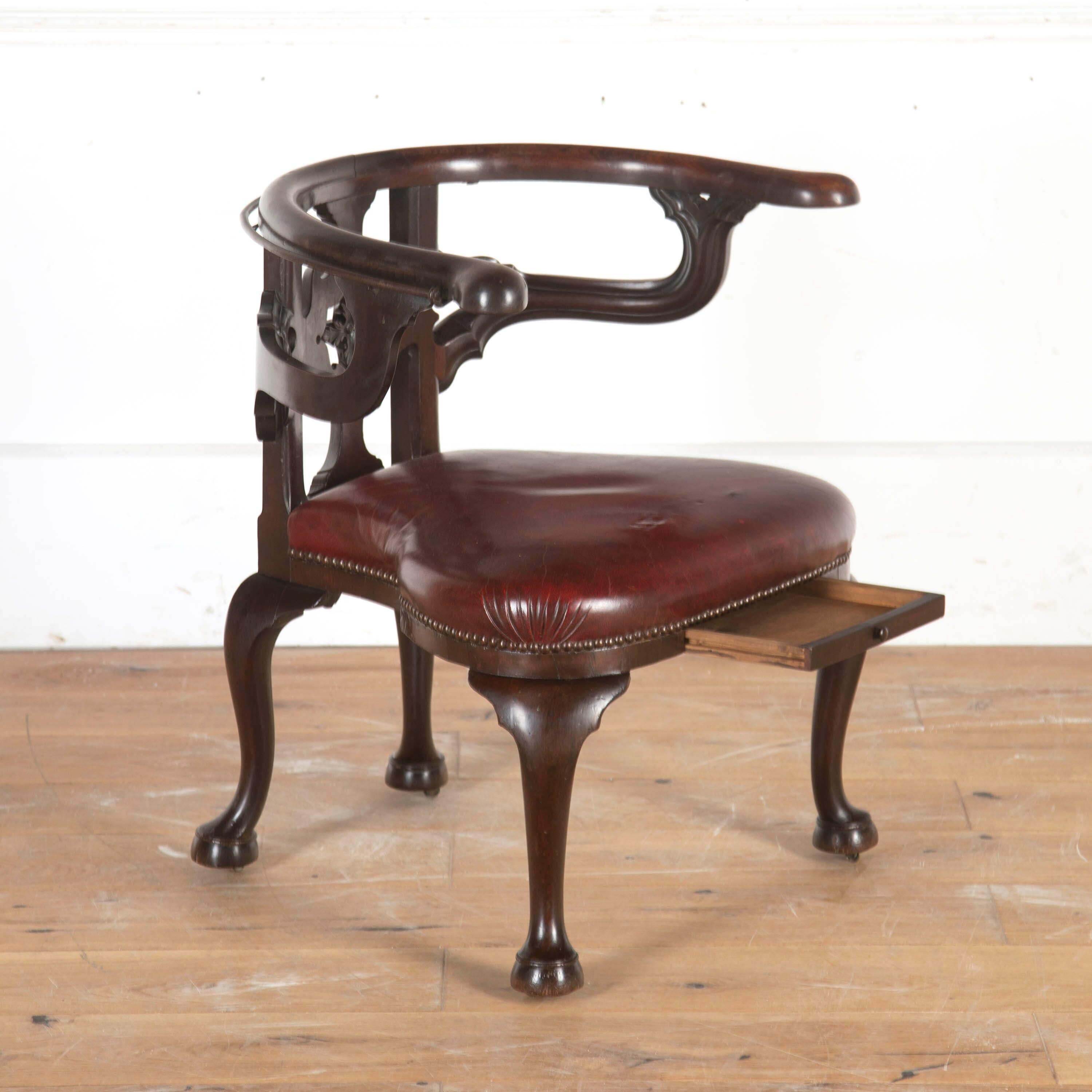 Irish cockfighting chair by Williams & Gibton, circa 1830.

This beautiful chair is complete with its original carved and pierced yoke rail with a very decorative cross leaf design. It also retains a restored under-seat drawer. 

It is supported