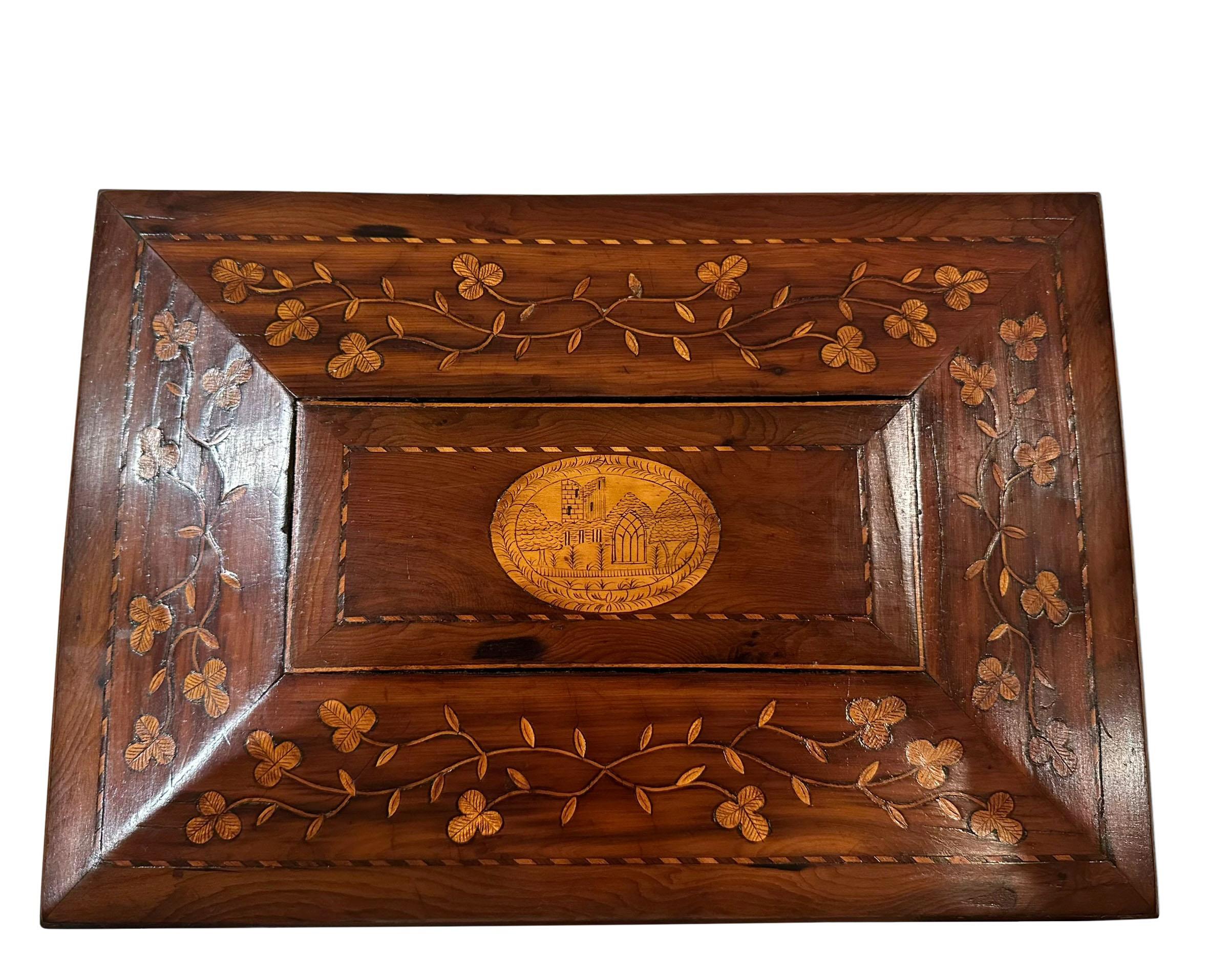 Early 19th century Irish work box decorated with shamrocks and beautifully inlaid.
