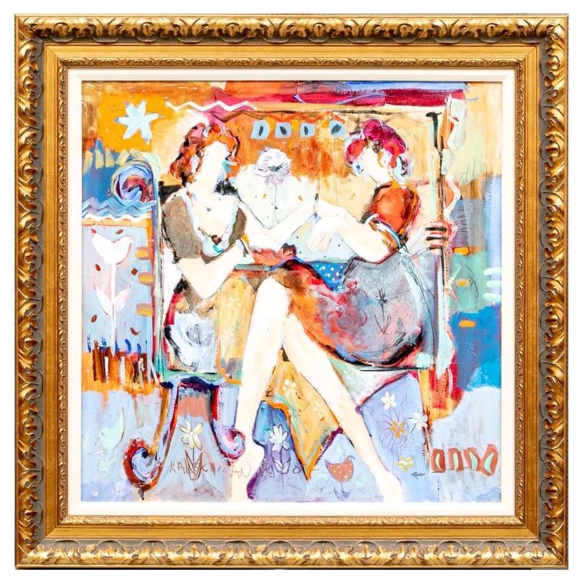 Irit Kalechman Colorful Acrylic on Canvas, 2 Ladies Chatting For Sale