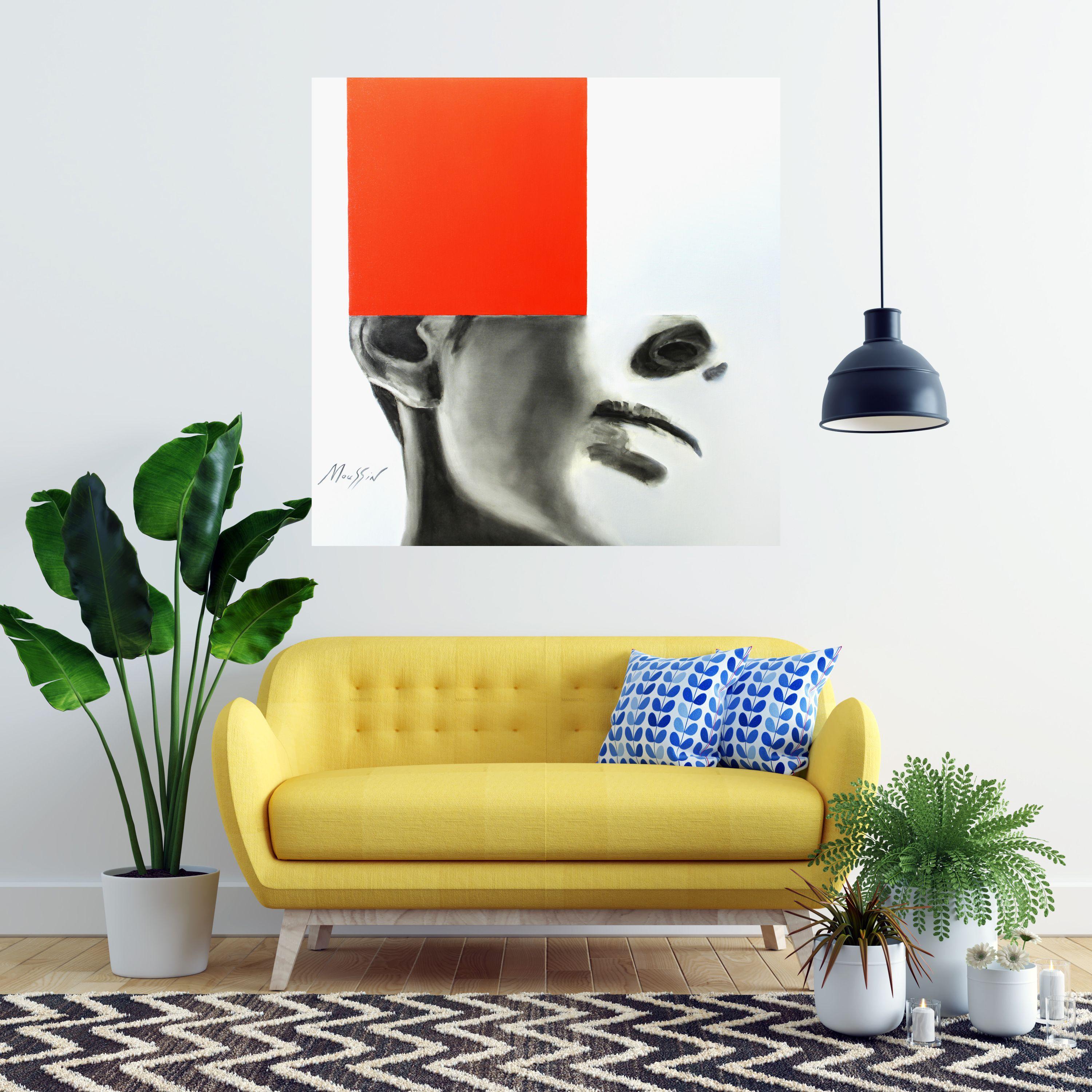 Immaginazione con il rosso 120 x 120 cm., Pittura, Olio su tela - Painting di Irjan Moussin