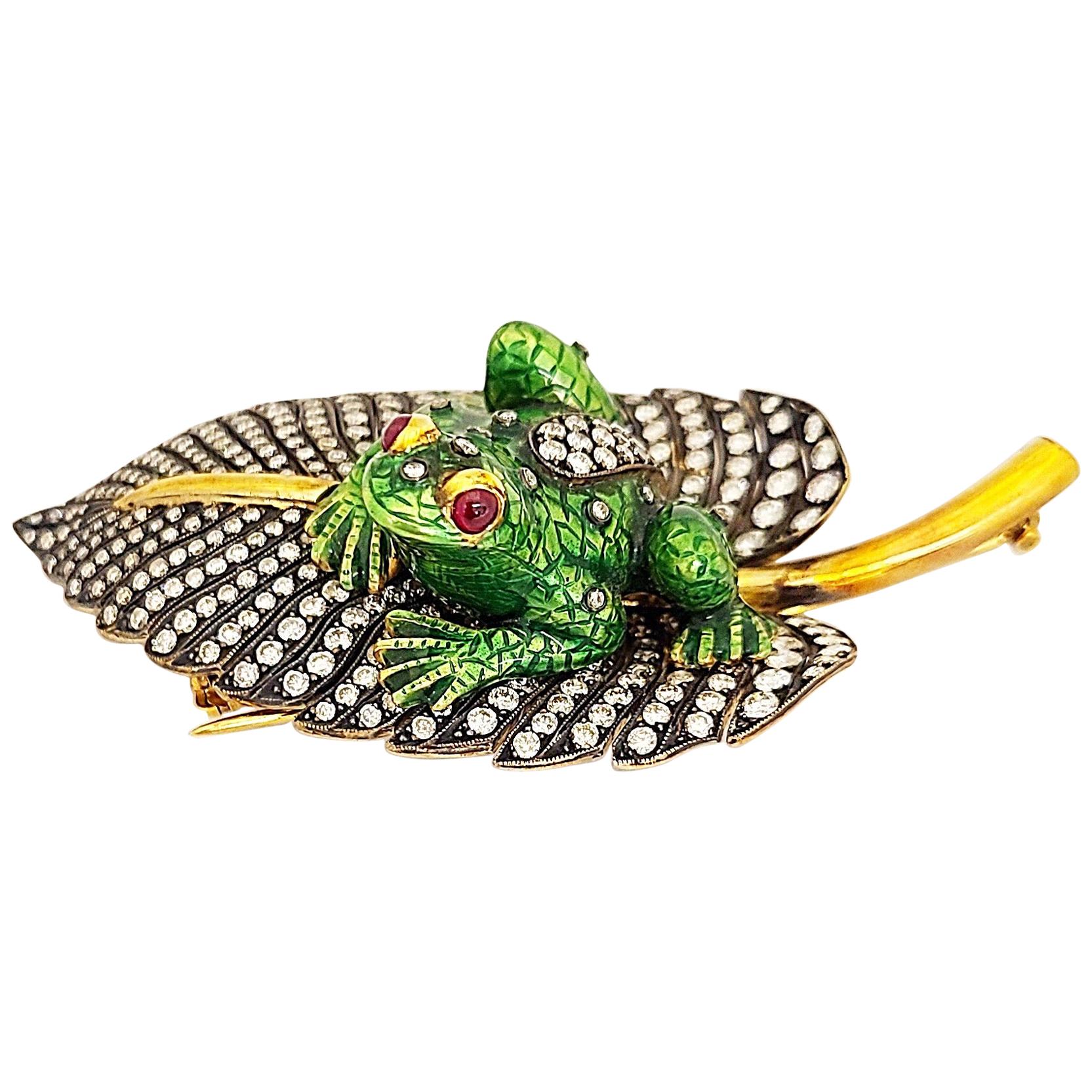 Irlan 18 Karat Gold and Enamel Frog on a 5.65 Carat Diamond Lily Pad Brooch For Sale