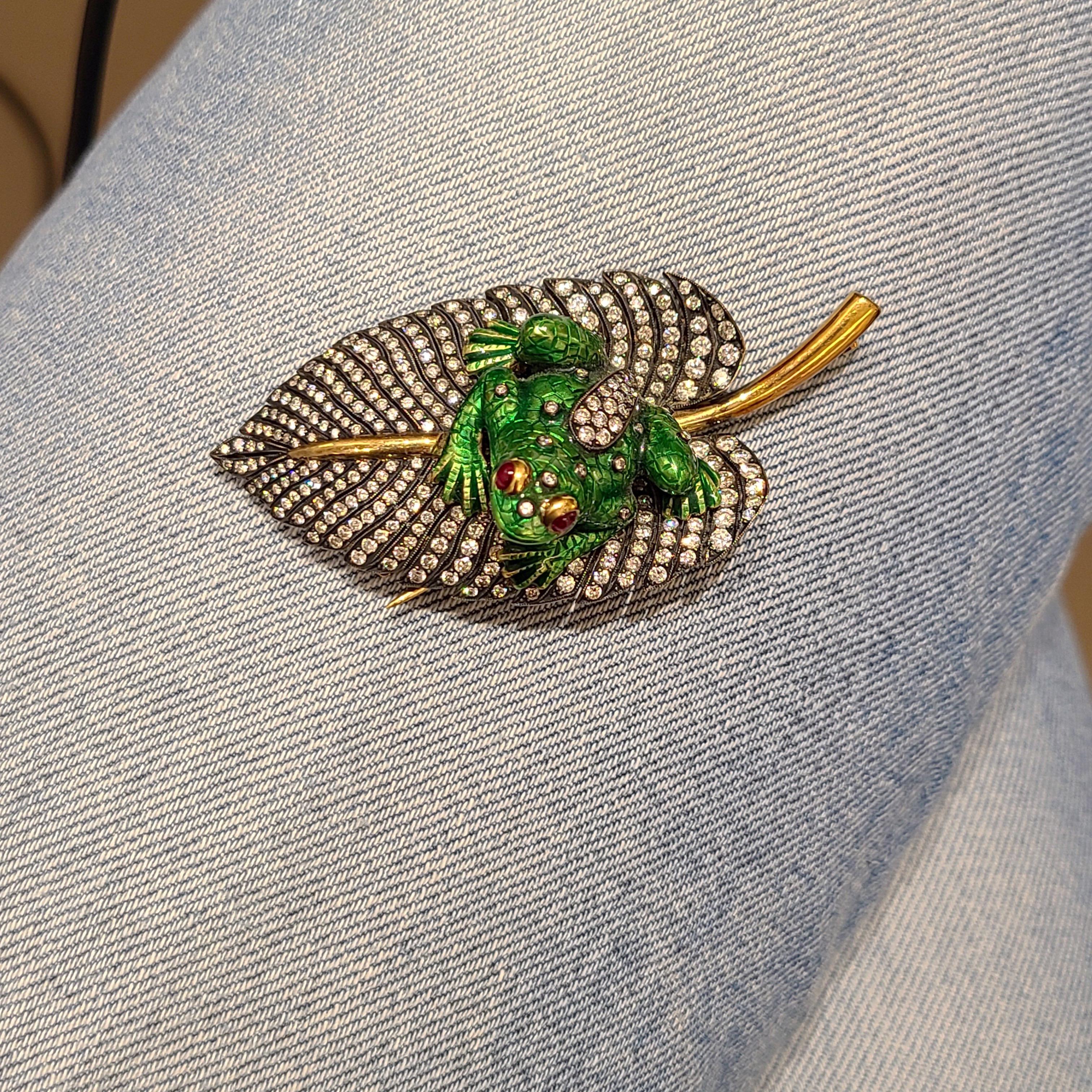 Round Cut Irlan 18 Karat Gold and Enamel Frog on a 5.65 Carat Diamond Lily Pad Brooch For Sale