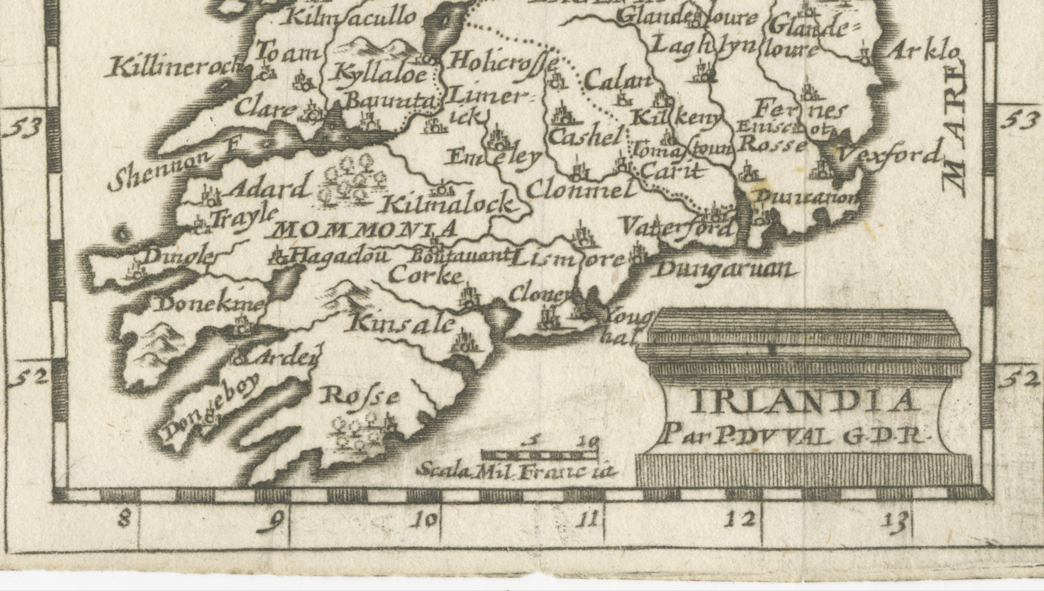 Irlandia – Antique Miniature Map of Ireland, Latin Cartography by Du Val c.1679