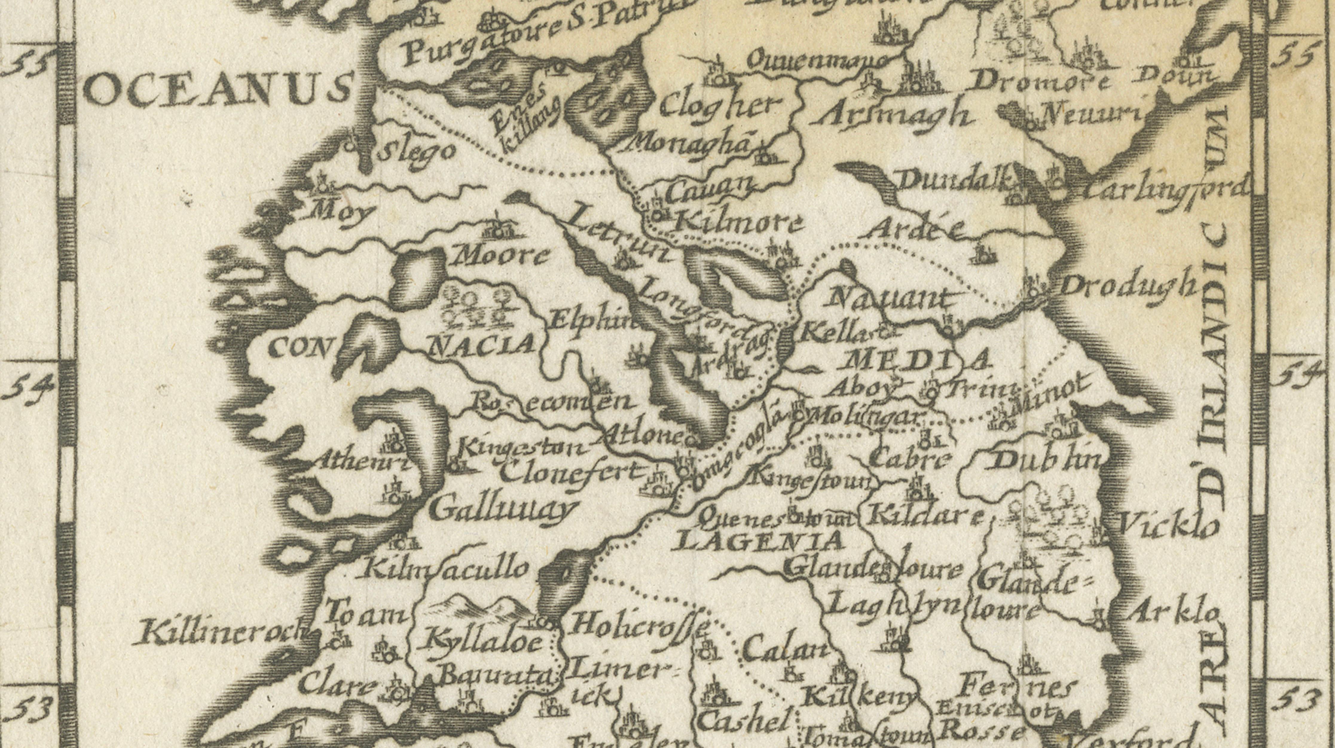 Irlandia – Antique Miniature Map of Ireland, Latin Cartography by Du Val c.1679