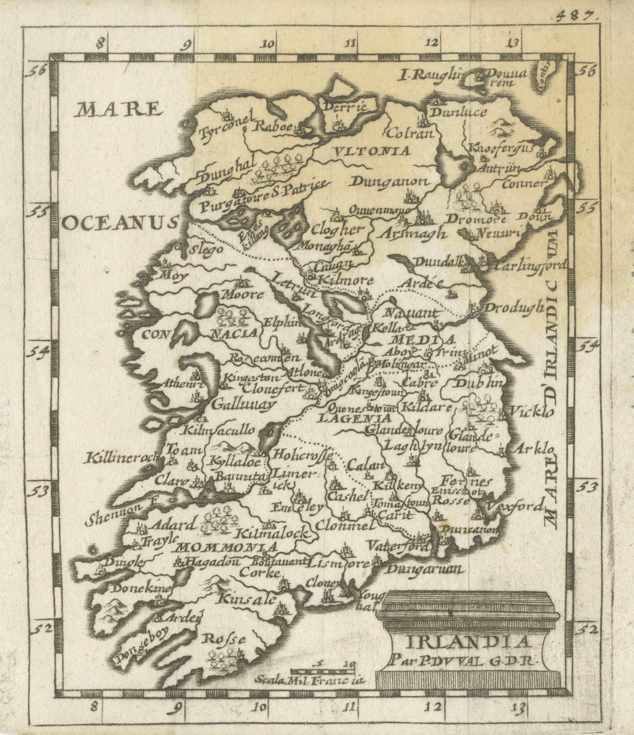 Irlandia – Antique Miniature Map of Ireland, Latin Cartography by Du Val c.1679