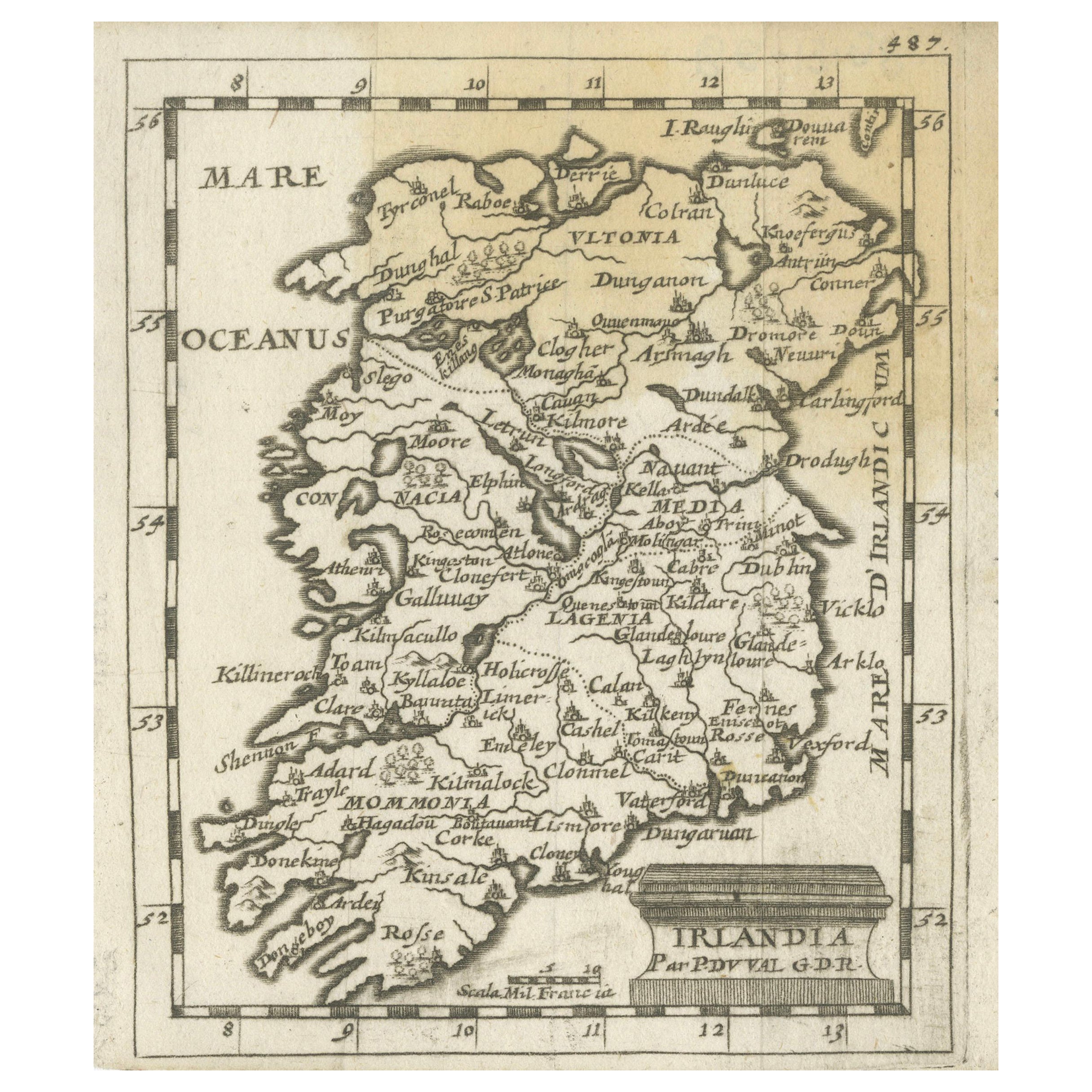 Irlandia – Antique Miniature Map of Ireland, Latin Cartography by Du Val c.1679 For Sale