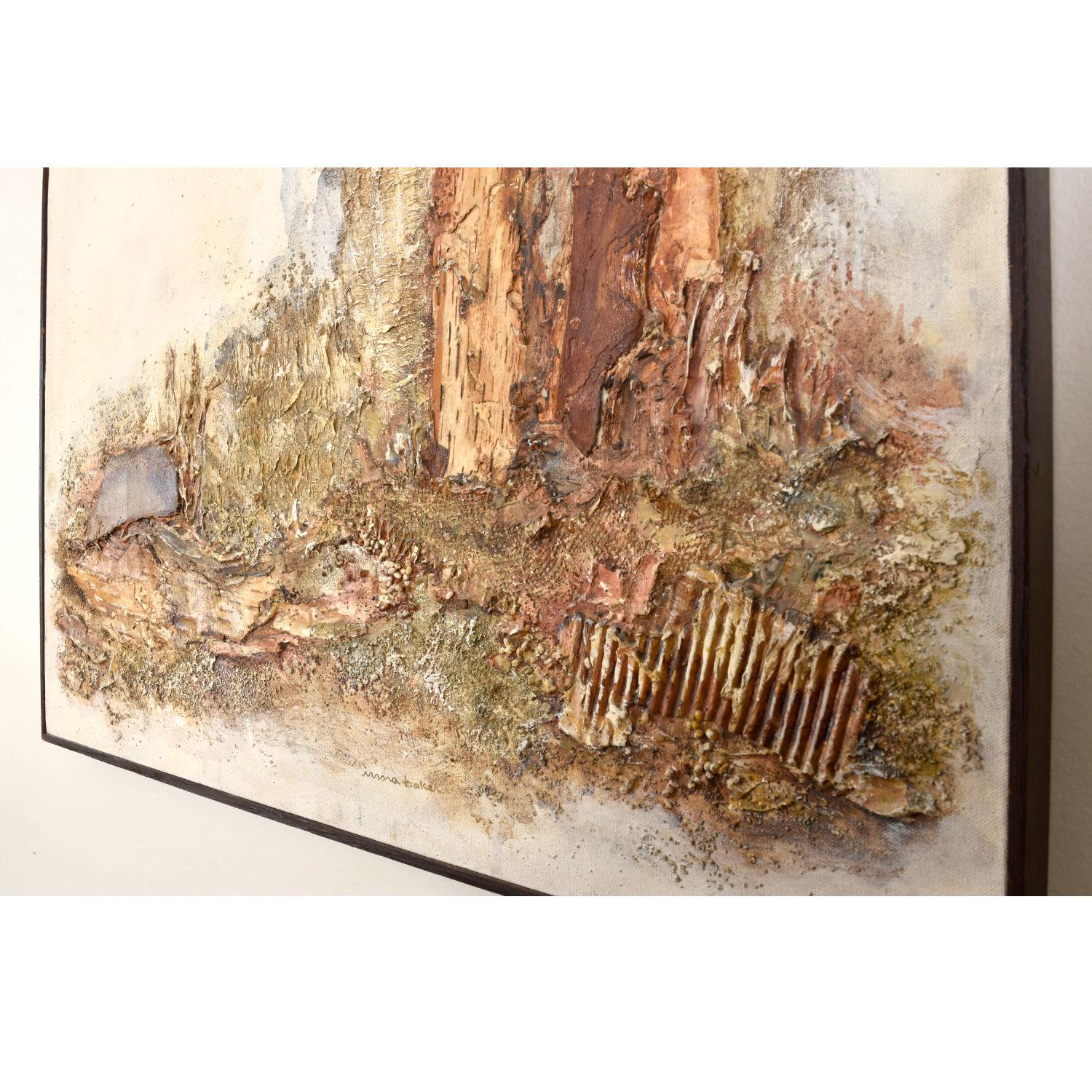 American Irma Baker Mixed-Media Earthen Painting with Burlap and Bark