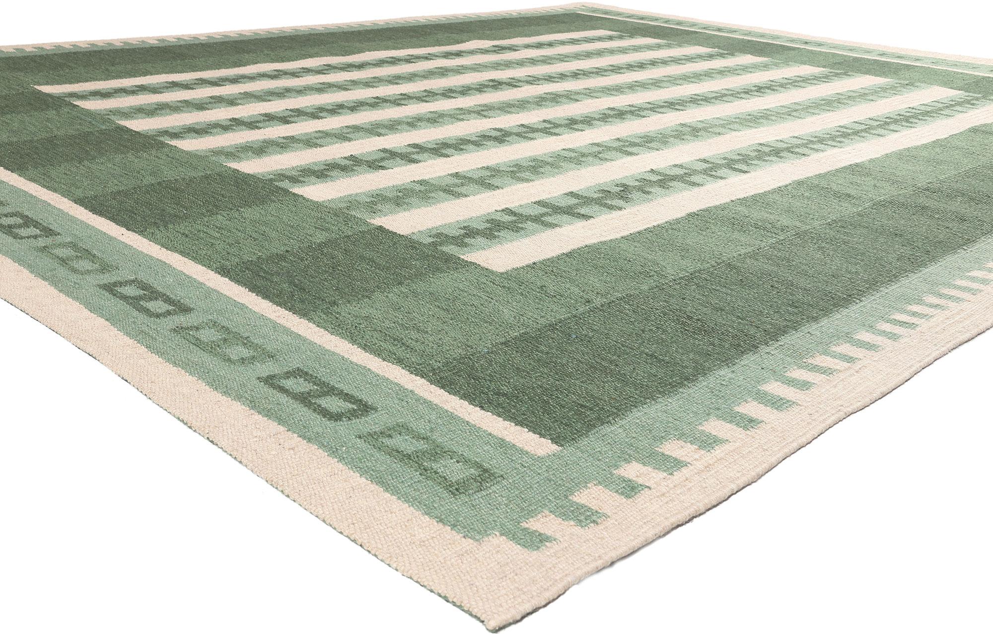 30975 Modern Swedish Inspired Kilim Rug, 09'06 x 11'11.
​Scandinavian Modern style meets Biophilic Design ​in this handwoven wool Swedish inspired kilim rug. The eye-catching geometric design and earthy colorway woven into this piece work together