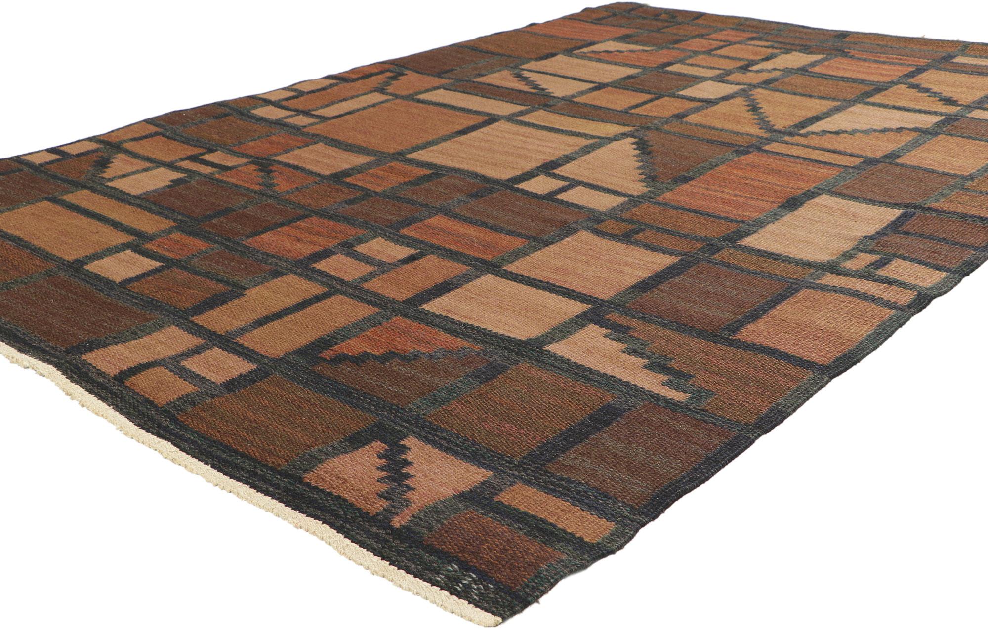 78486 Vintage Swedish Rollakan Rug by Irma Kronlund, 04'11 x 07'02.
?Reflecting well-balanced asymmetry with incredible detail and texture, this handwoven wool Swedish rollakan rug is a captivating vision of woven beauty. The eye-catching geometric