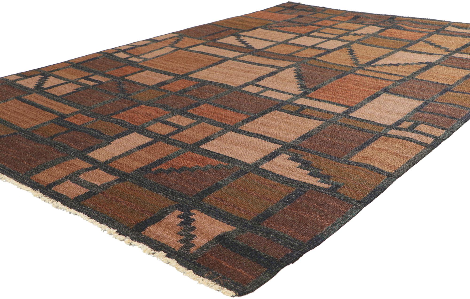 78485 Vintage Swedish Rollakan Rug by Irma Kronlund, 04'11 x 07'02.
?Reflecting well-balanced asymmetry with incredible detail and texture, this handwoven wool Swedish rollakan rug is a captivating vision of woven beauty. The eye-catching geometric