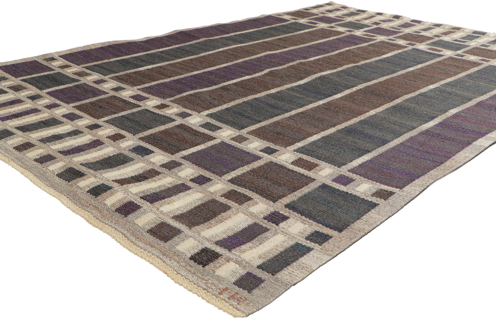 78482 Vintage Swedish Kilim Rug Rollakan, 04'10 x 07'03. ?Emanating Scandinavian modern style with incredible detail and texture, this vintage Swedish rollakan rug is a captivating vision of woven beauty. The eye-catching geometric design and earthy