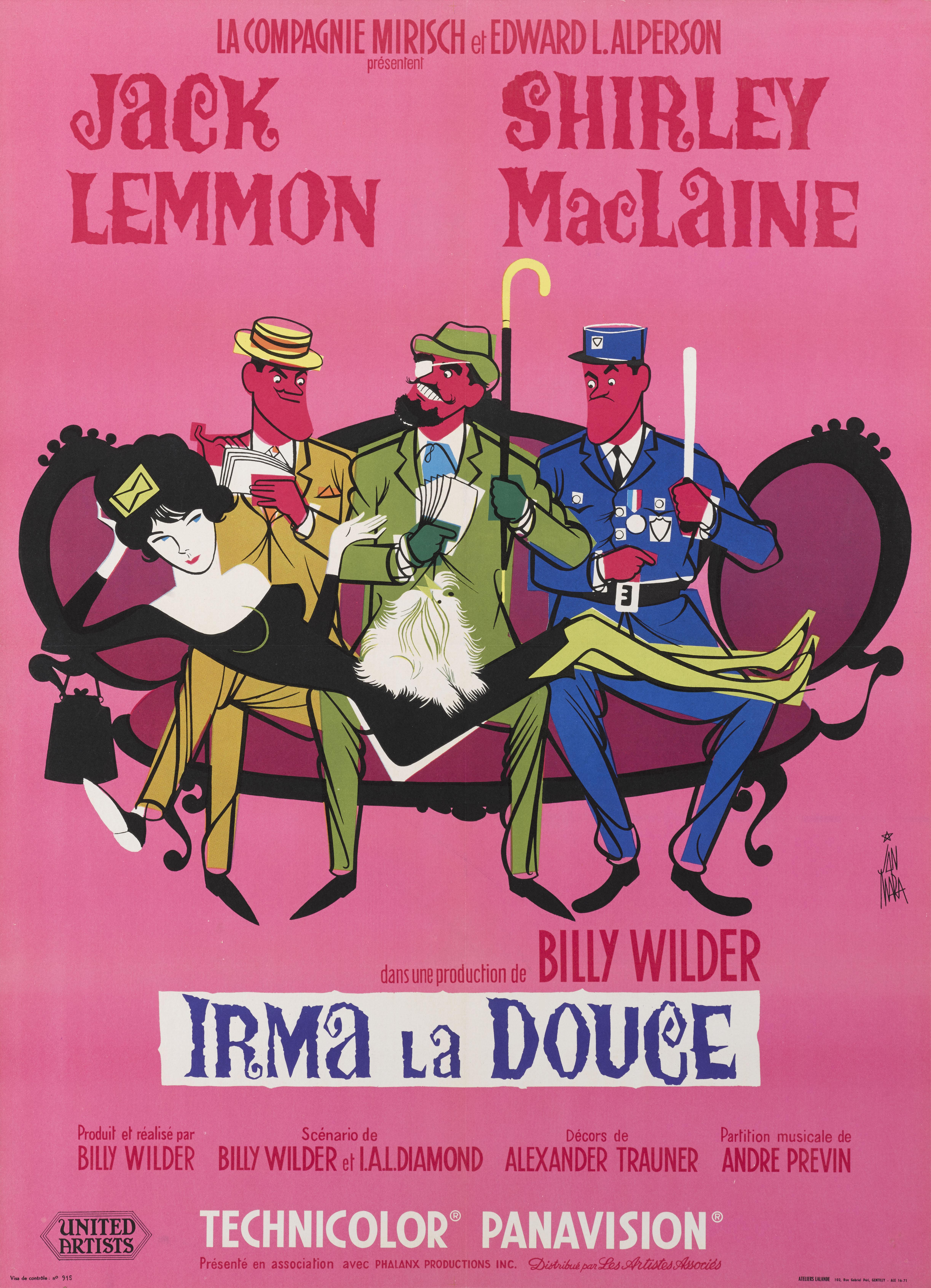 Original French film poster for the film Irma La Douce, 1963. Starring Shirley MacLaine, Jack Lemmon and directed by Billy Wilder. This great looking poster is by the French poster artist Jan Mara (1912-1992
This poster is conservation linen backed