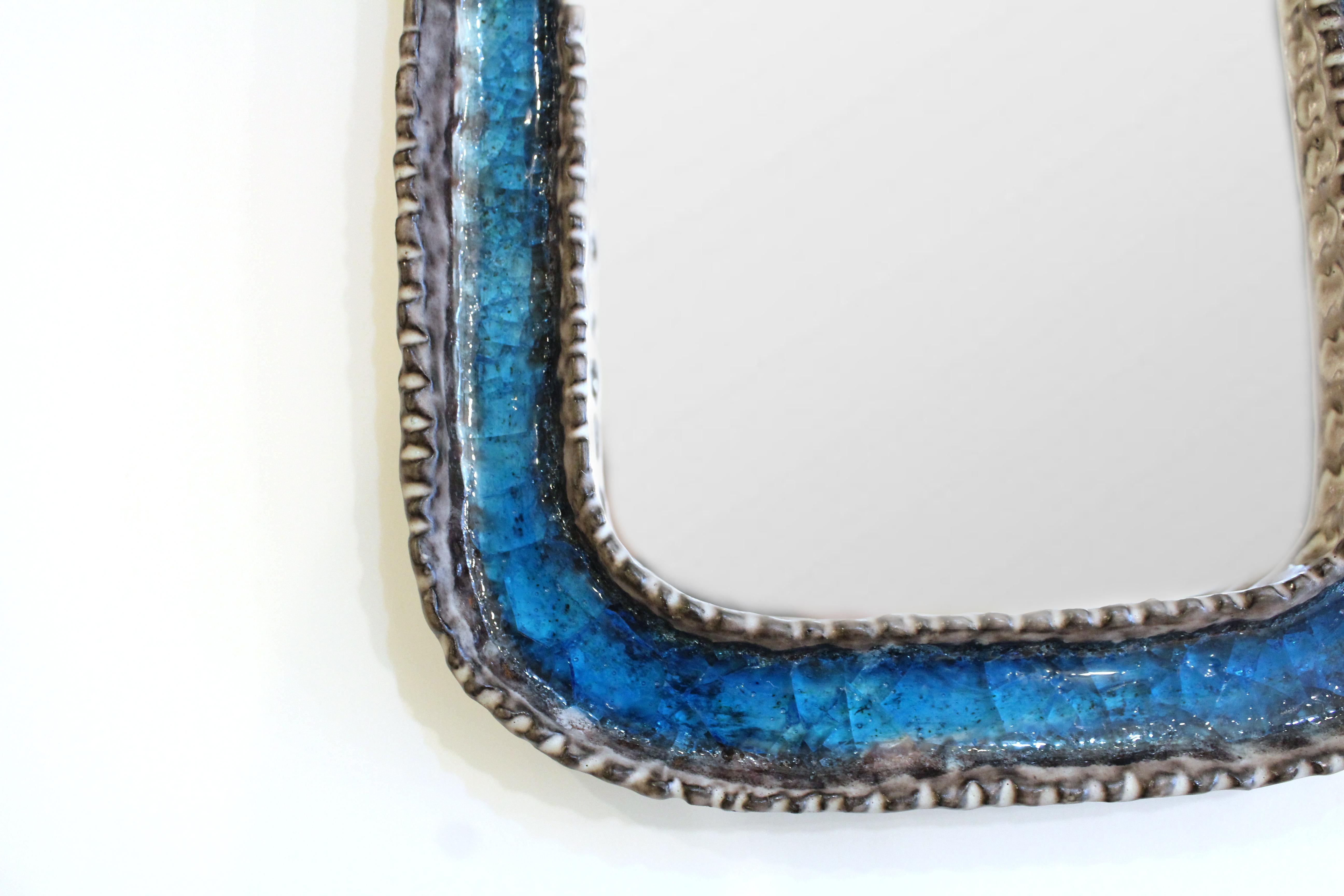 Mid-Century Modern Irma Yourstone for Yourstone Keramik Blue Crystalized Glass Mirror For Sale