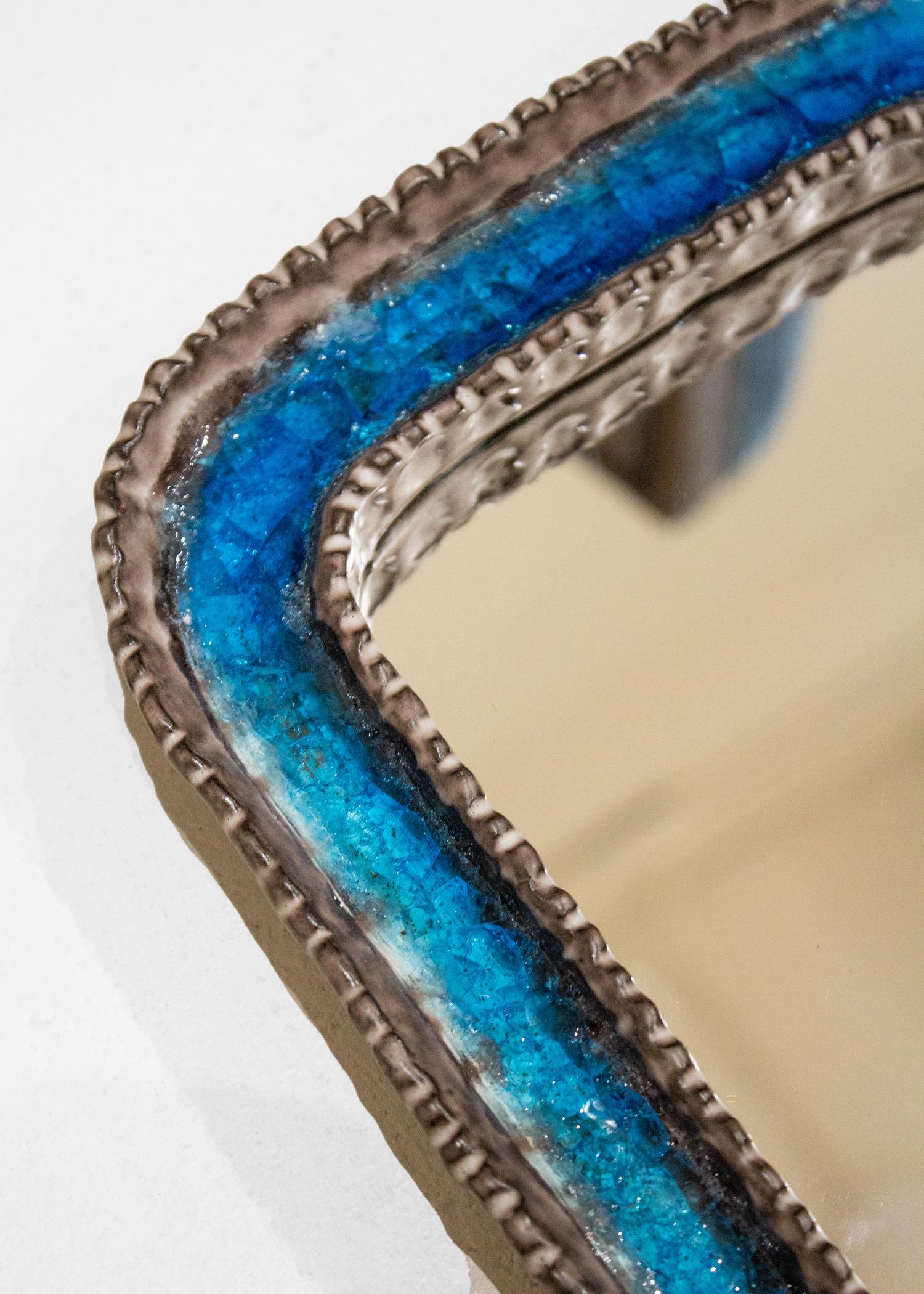 Swedish Irma Yourstone for Yourstone Keramik Blue Crystalized Glass Mirror For Sale