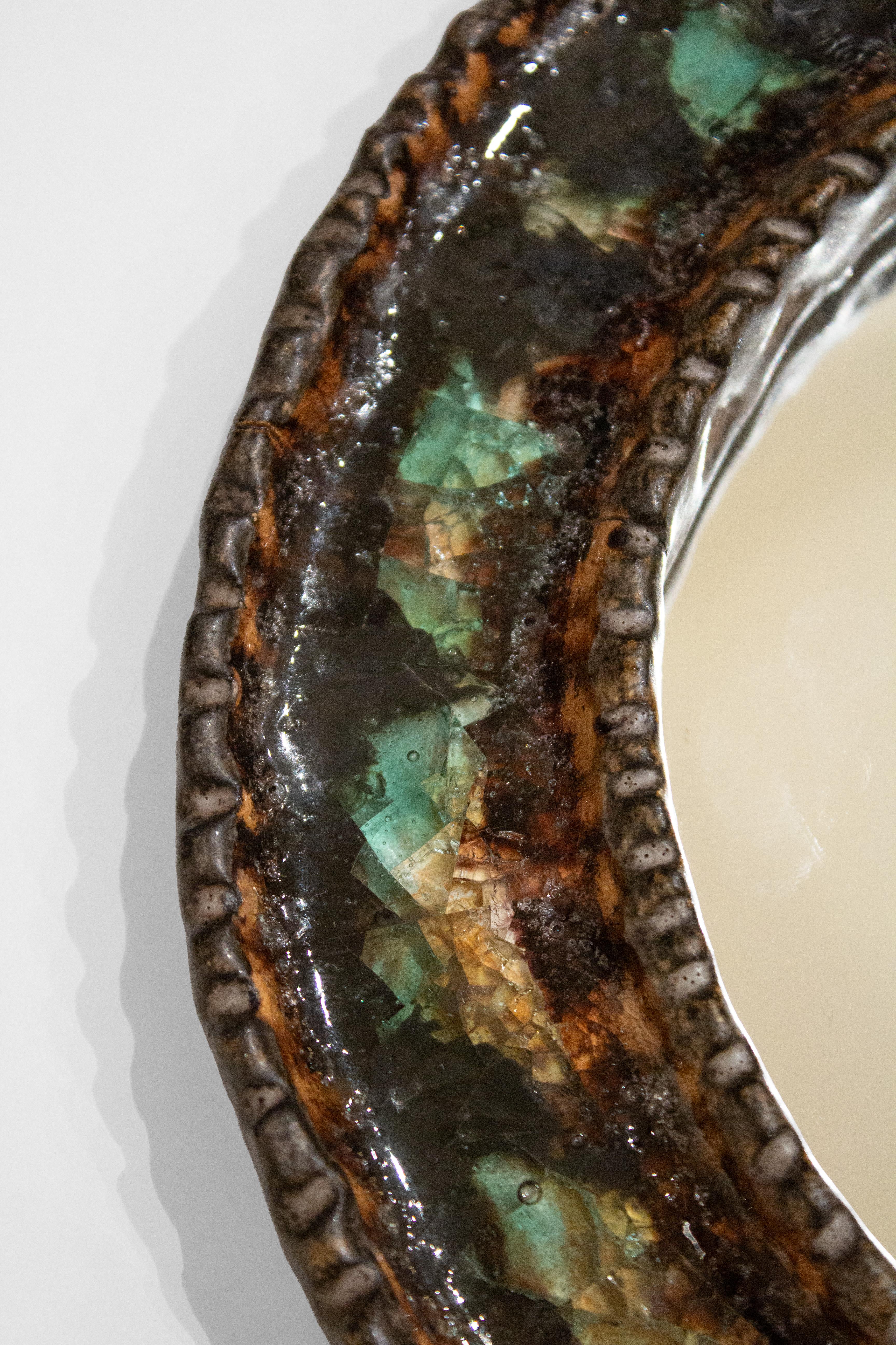 Mid-Century Modern Irma Yourstone for Yourstone Keramik Green Crystalized Glass Mirror For Sale