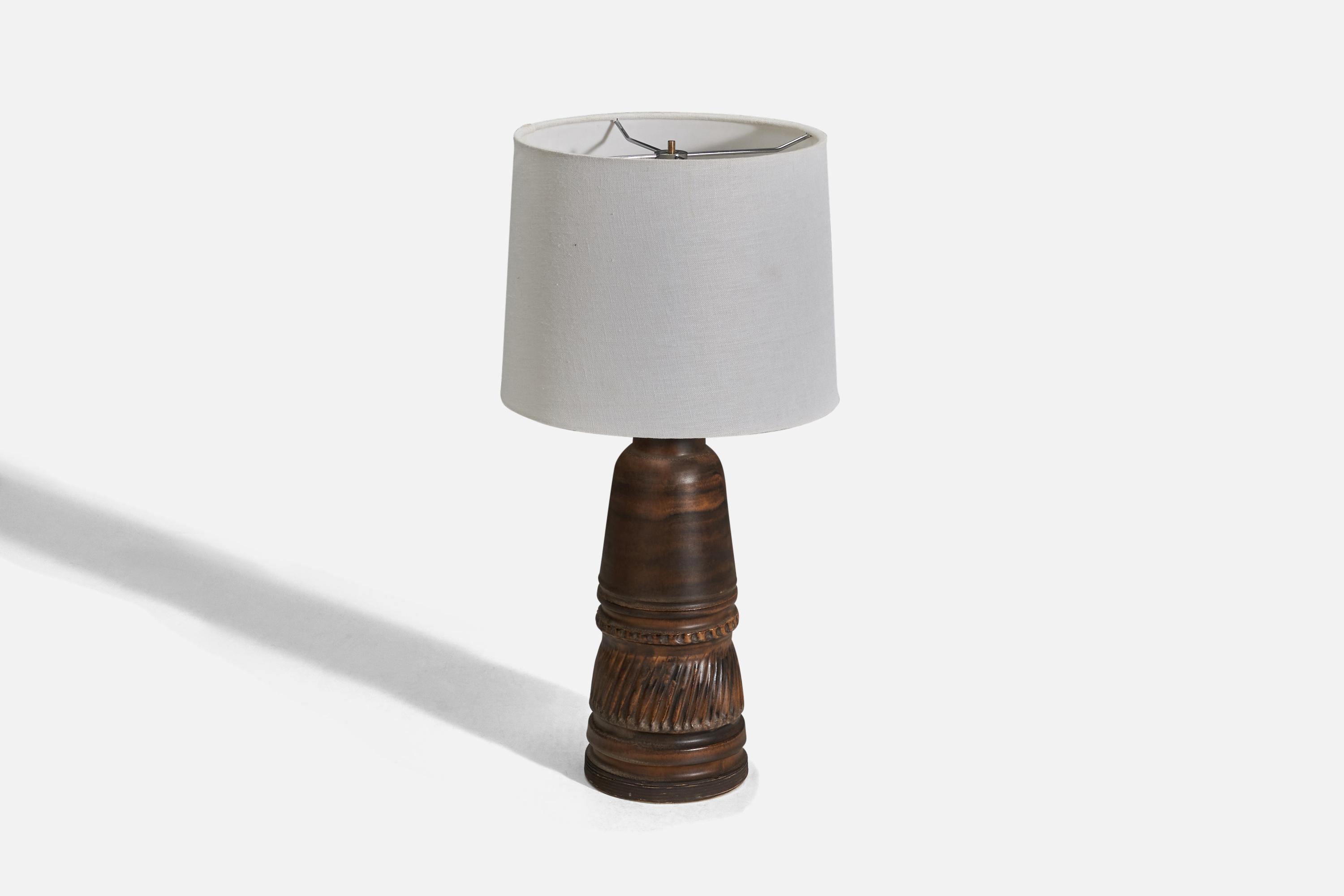 Scandinavian Modern Irma Yourstone, Table Lamp, Brown Glazed Stoneware, Sweden, 1960s For Sale