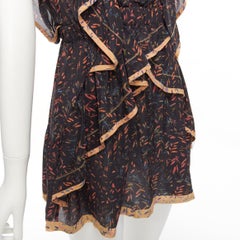 IRO 2018 Jicka 100% soie noir corail orange floral robe courte à volants FR34 XS