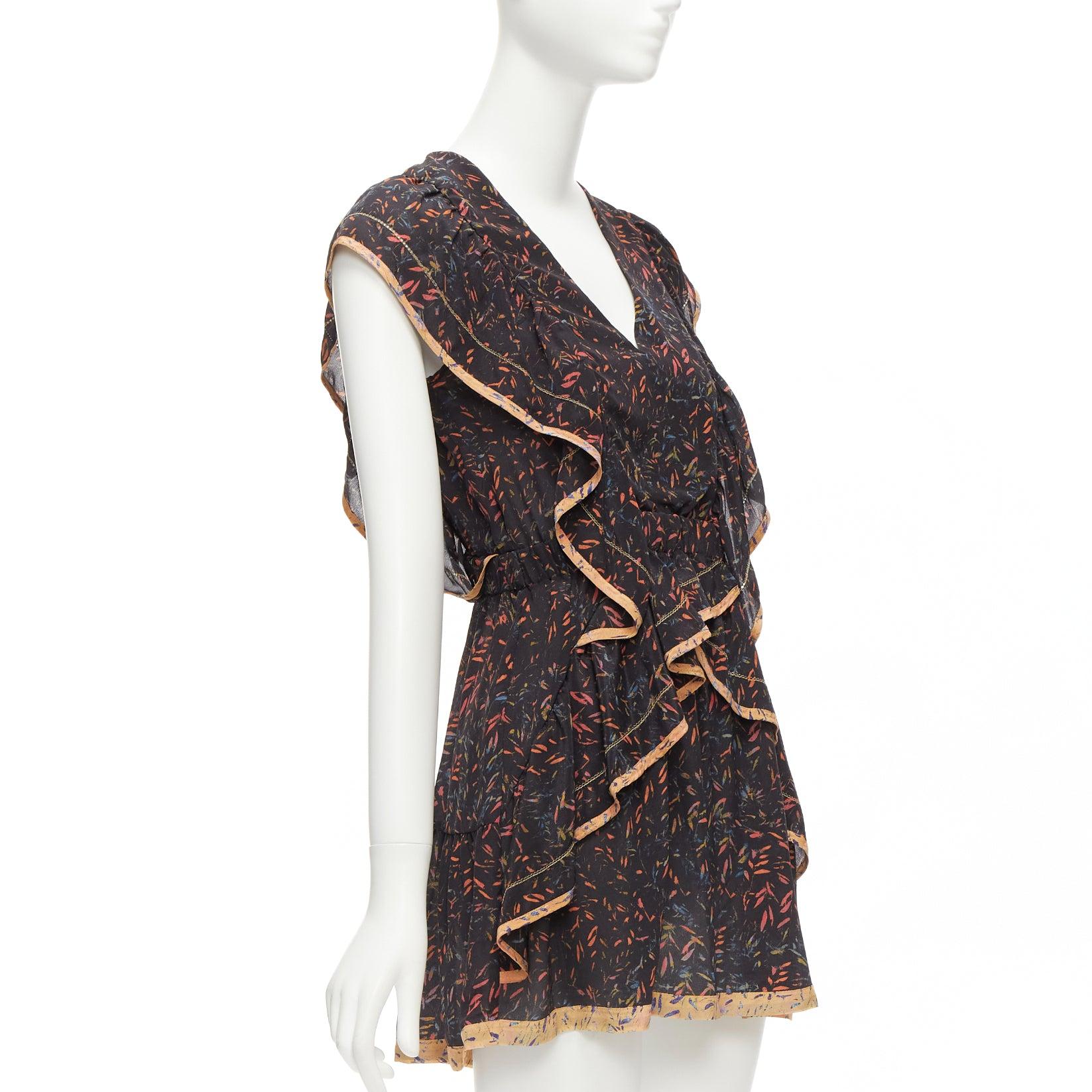 IRO 2018 Jicka 100% soie noir corail orange floral robe courte à volants FR34 XS Excellent état - En vente à Hong Kong, NT