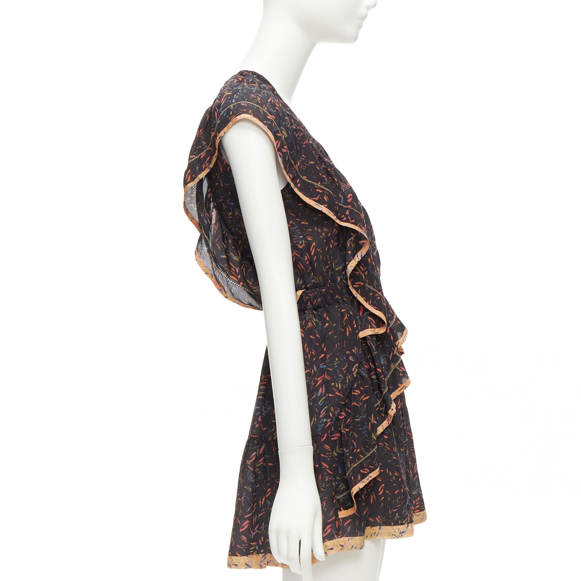 Women's IRO 2018 Jicka 100% silk black coral orange floral ruffle short dress FR34 XS For Sale