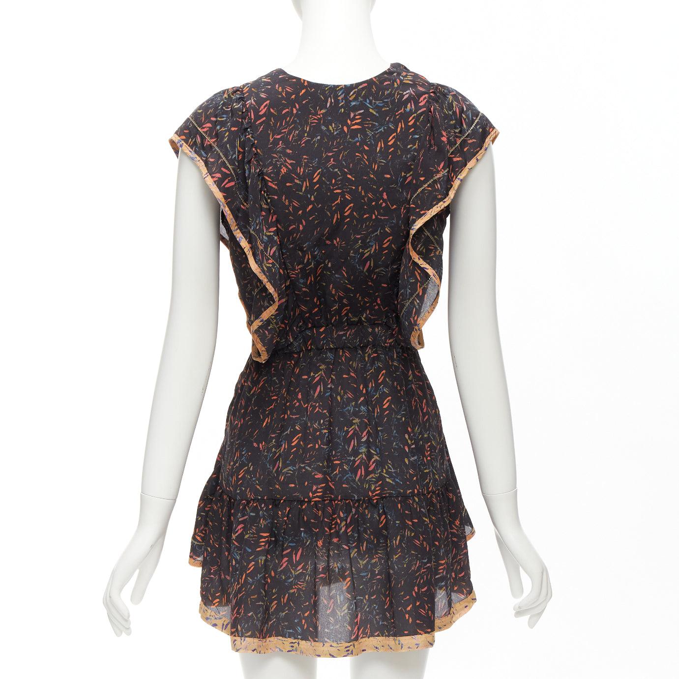 IRO 2018 Jicka 100% silk black coral orange floral ruffle short dress FR34 XS For Sale 1