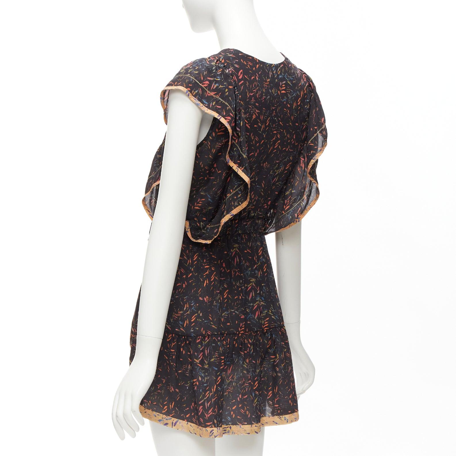 IRO 2018 Jicka 100% silk black coral orange floral ruffle short dress FR34 XS For Sale 2
