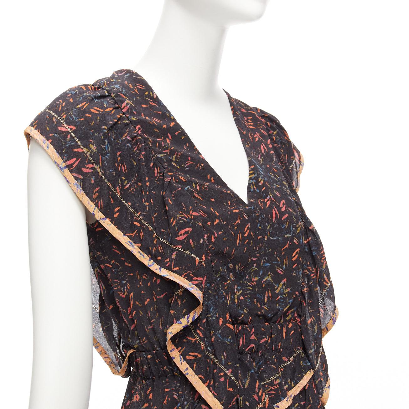 IRO 2018 Jicka 100% silk black coral orange floral ruffle short dress FR34 XS For Sale 3