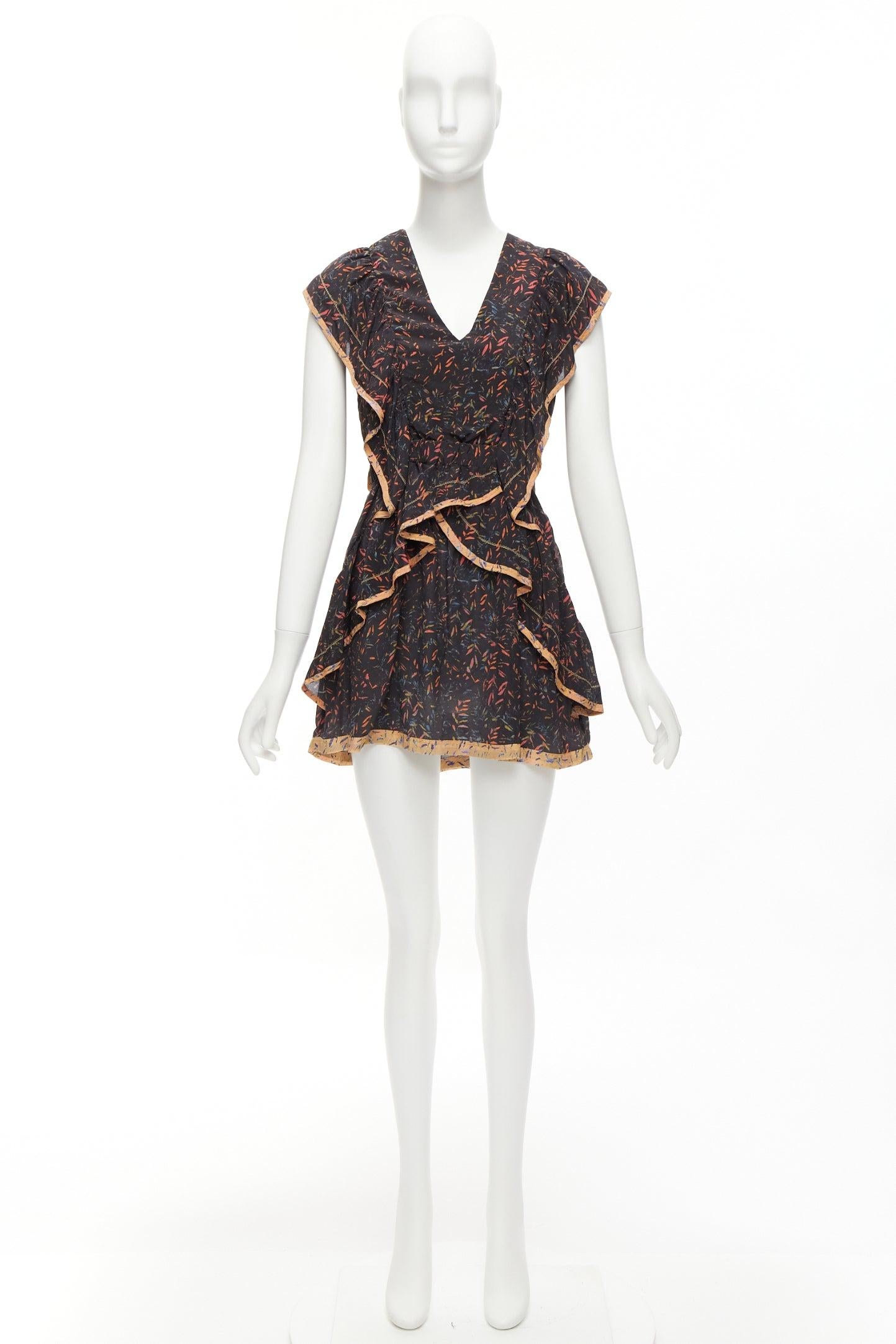 IRO 2018 Jicka 100% silk black coral orange floral ruffle short dress FR34 XS For Sale 5