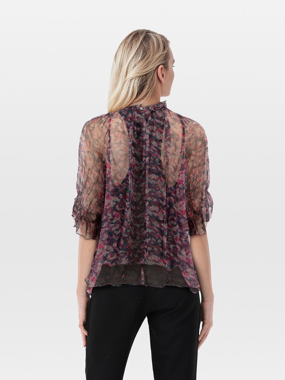 CONDITION is Very good. Minimal wear to the top is evident. Plucks to the weave on the front and back of this used Iro designer resale item.
 
 
 
 Details
 
 
 Purple
 
 Viscose
 
 Blouse
 
 Sheer mid sleeves
 
 Round neck
 
 Back button fastening
