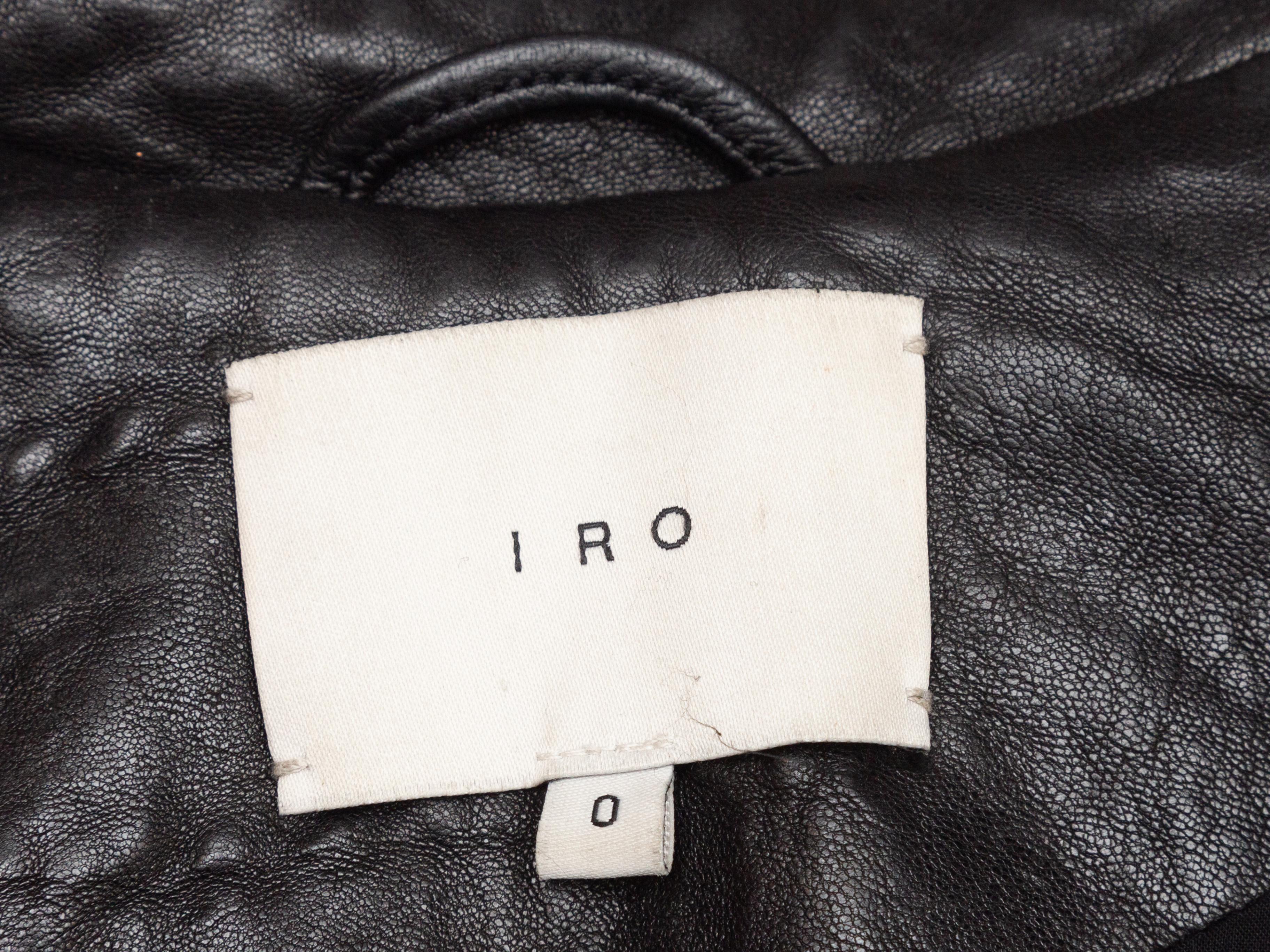 Product details: Black and olive leather Sallie moto jacket by Iro. Silver-tone hardware. Notched lapel. Dual hip pockets. Belt at waist. Zip closure at front. 34