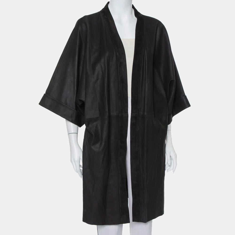 IRO Black Suede Leather Open Front Kimono S In Good Condition For Sale In Dubai, Al Qouz 2