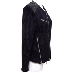 IRO Jacket Coat Leather Knit Black Midnight Blue Long Sleeve Zipper 42