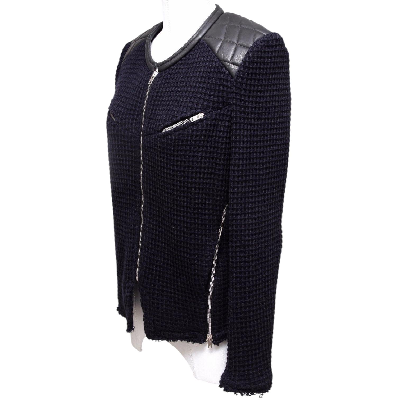 IRO Jacket Coat Leather Knit Black Midnight Blue Long Sleeve Zipper 42 In Good Condition For Sale In Hollywood, FL