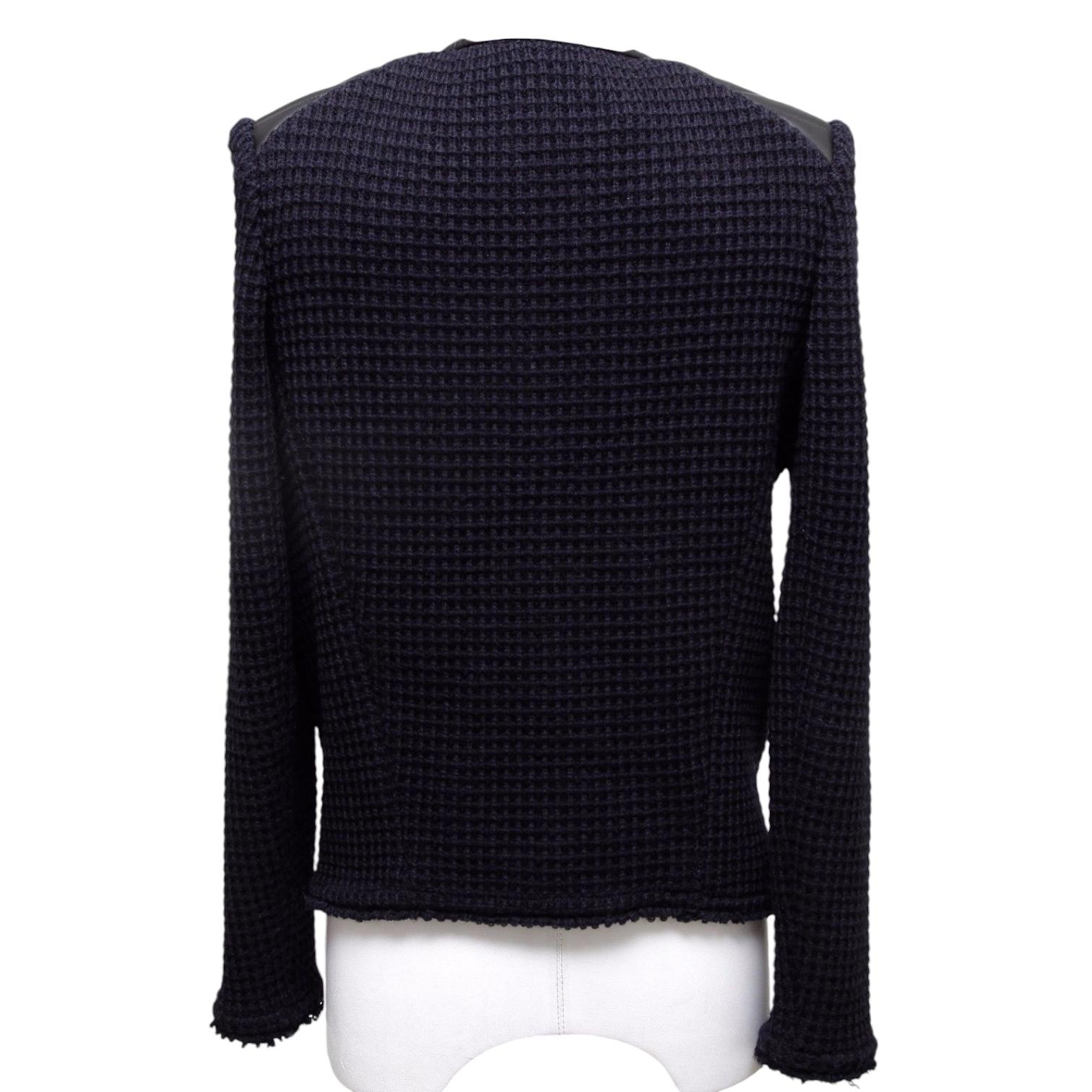 IRO Jacket Coat Leather Knit Black Midnight Blue Long Sleeve Zipper 42 For Sale 2
