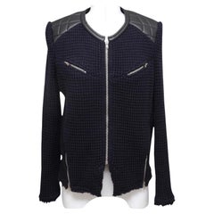 IRO Jacket Coat Leather Knit Black Midnight Blue Long Sleeve Zipper 42