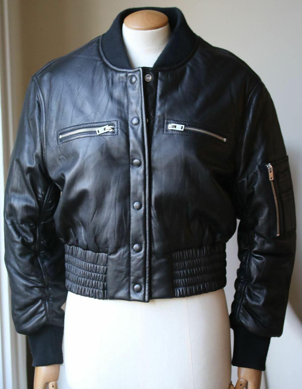This IRO 'Colombe' jacket has been crafted from leather, this jacket has an aviator-inspired bomber silhouette with thickly ribbed trims drawing in the waist. Black leather. Snap fastenings through front. 100% Leather (Lamb); lining: 100% rayon.