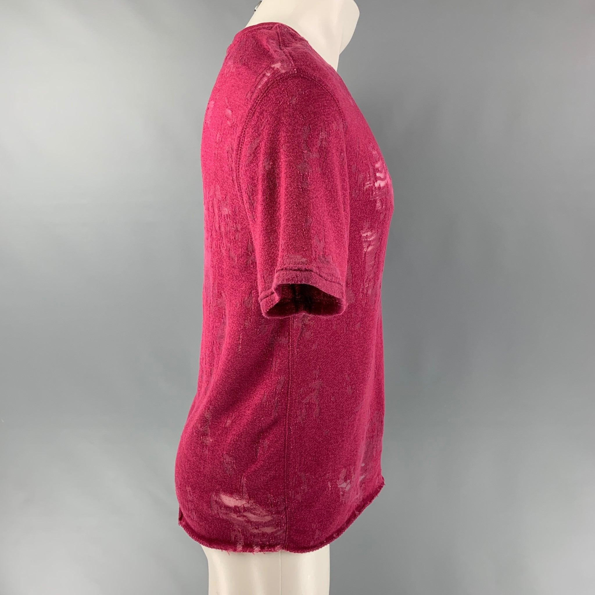 IRO JEANS Gaetane T-shirt comes in a burgundy partially see through cotton blend jersey featuring a distressed style and crew-neck. Excellent Pre-Owned Condition.  

Marked:   XS 

Measurements: 
 
Shoulder: 18.5 inches Sleeves: 9 inches Chest: 45