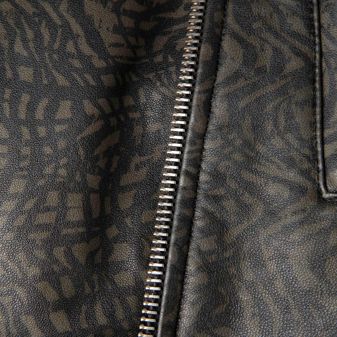 Black Iro Green Abstract Print Leather Biker Jacket Size S For Sale