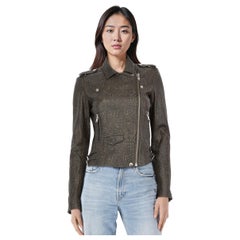 Iro Green Abstract Print Leather Biker Jacket Size S
