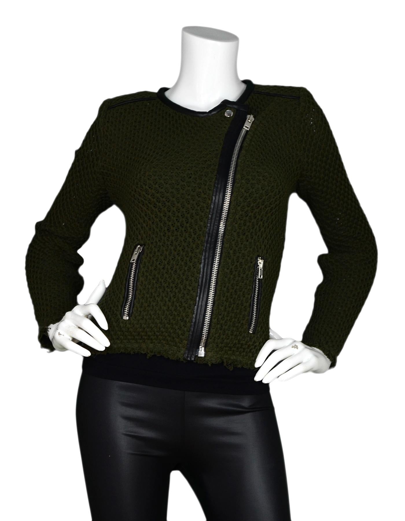 IRO Green Knit Miali Asymmetrical Zip Jacket W/ Black Leather Trim & Raw Hem Sz 0

Made In: Poland
Color: Khaki green
Materials: 100% cotton, lamb leather
Pocket Lining: 65% polyester, 35% cotton
Opening/Closure: Asymmetrical zipper
Overall