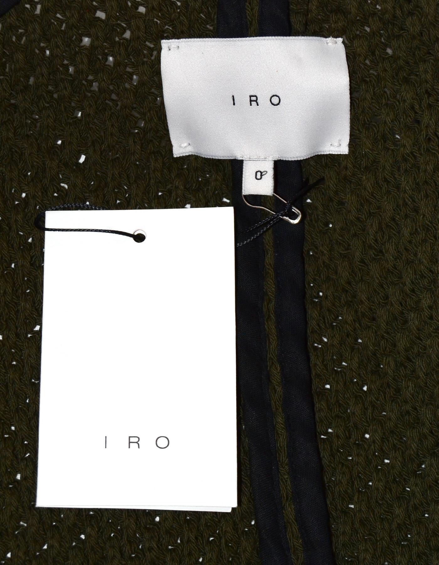 IRO Green Knit Miali Asymmetrical Zip Jacket W/ Black Leather Trim/Raw Hem Sz 0 In New Condition In New York, NY