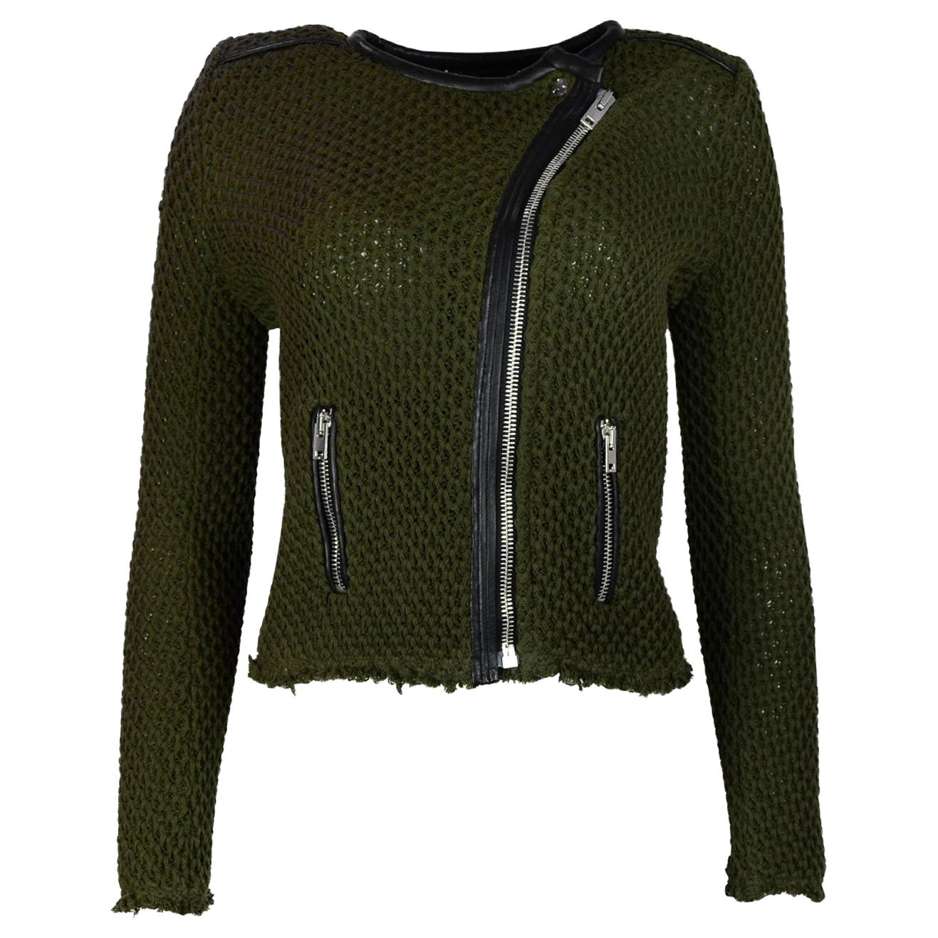 IRO Green Knit Miali Asymmetrical Zip Jacket W/ Black Leather Trim/Raw Hem Sz 0